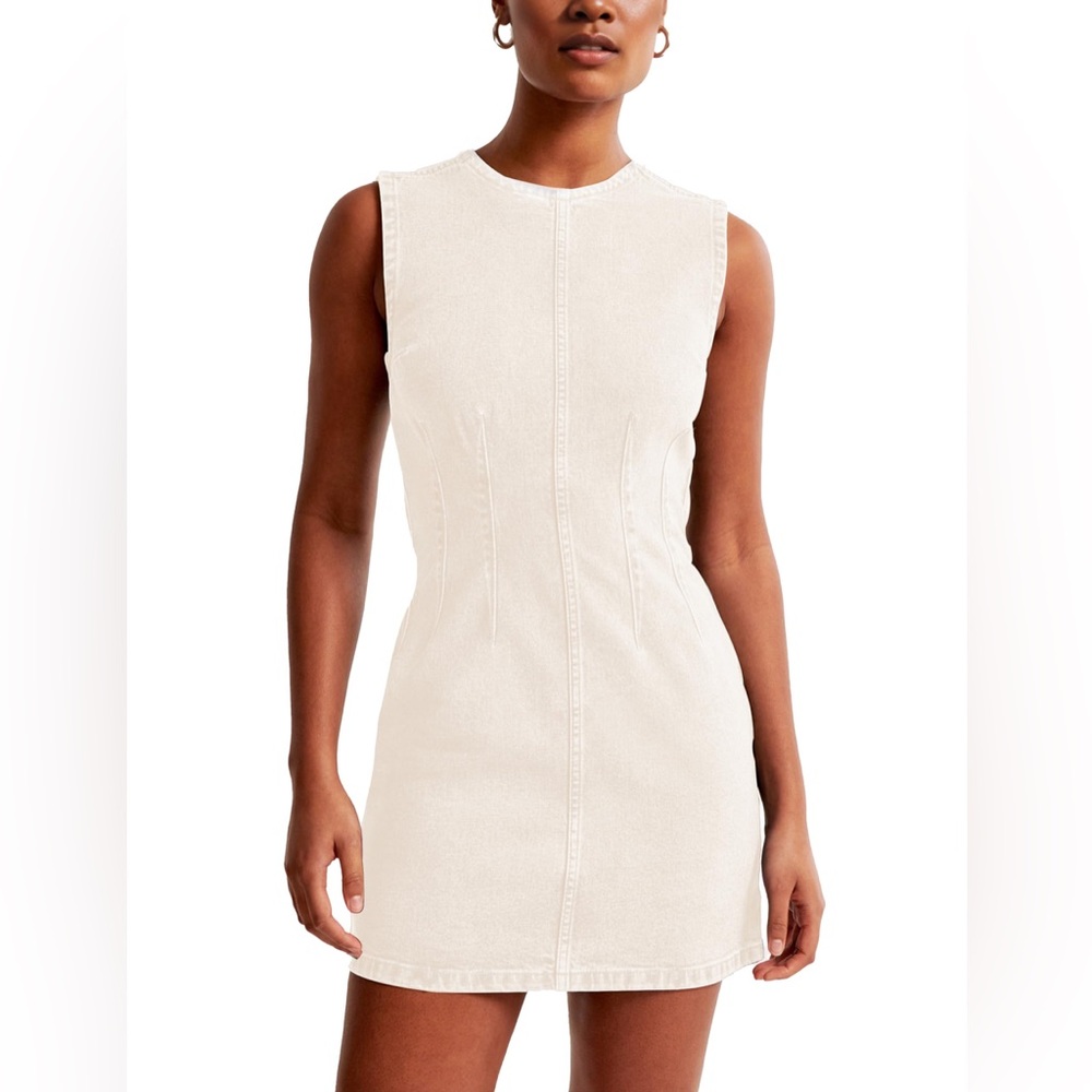 NWT‎ Sleeveless Cream Bodycon Denim Mini Dress Casual Zipper Tank Medium